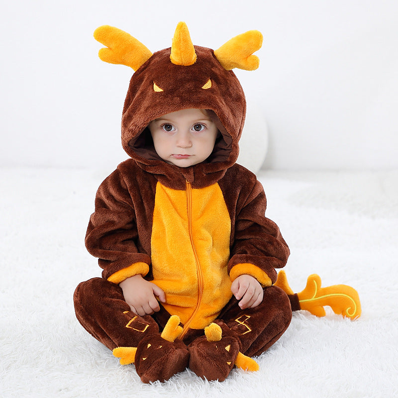Qile Rabbit autumn new 0-3 year old baby flannel single-layer long-sleeved cartoon dragon shape hooded one-piece Romper