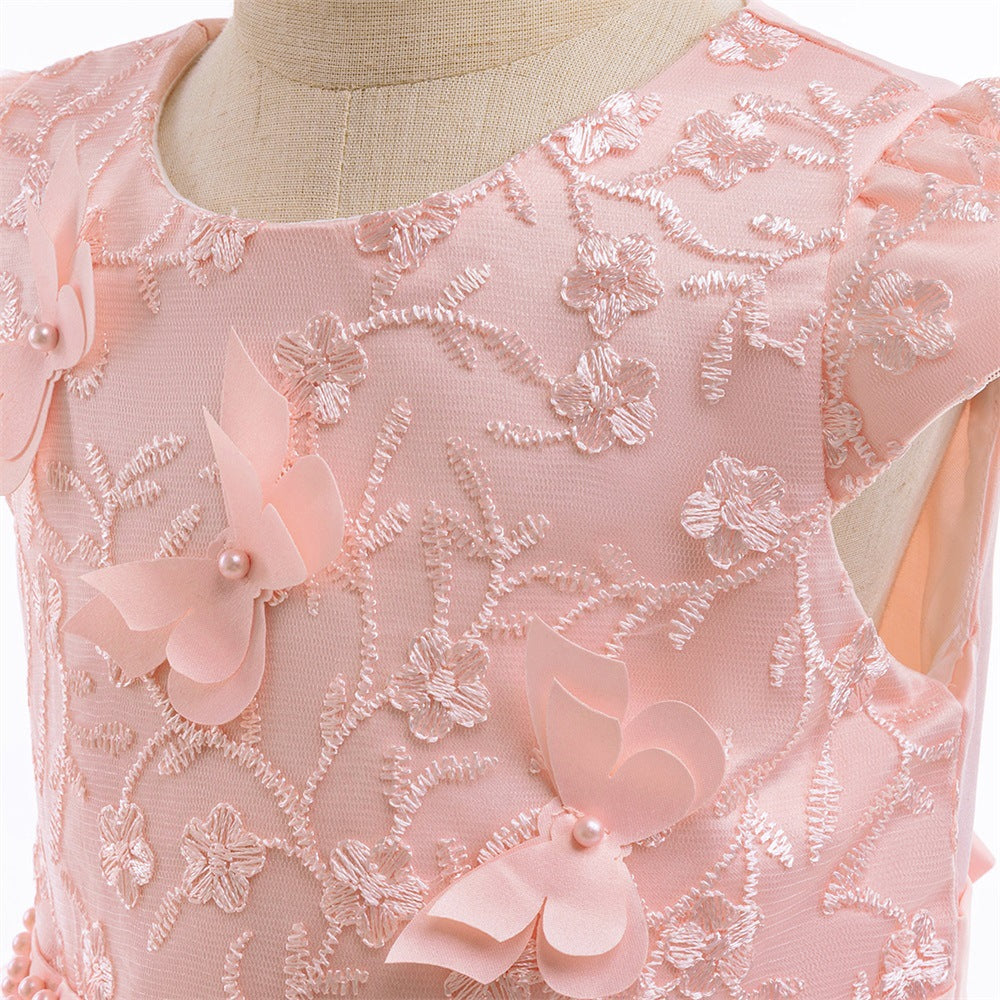 European and American cross-border new children's dresses, three-dimensional butterfly embroidered nail bead mesh dresses, wedding children's princess dresses