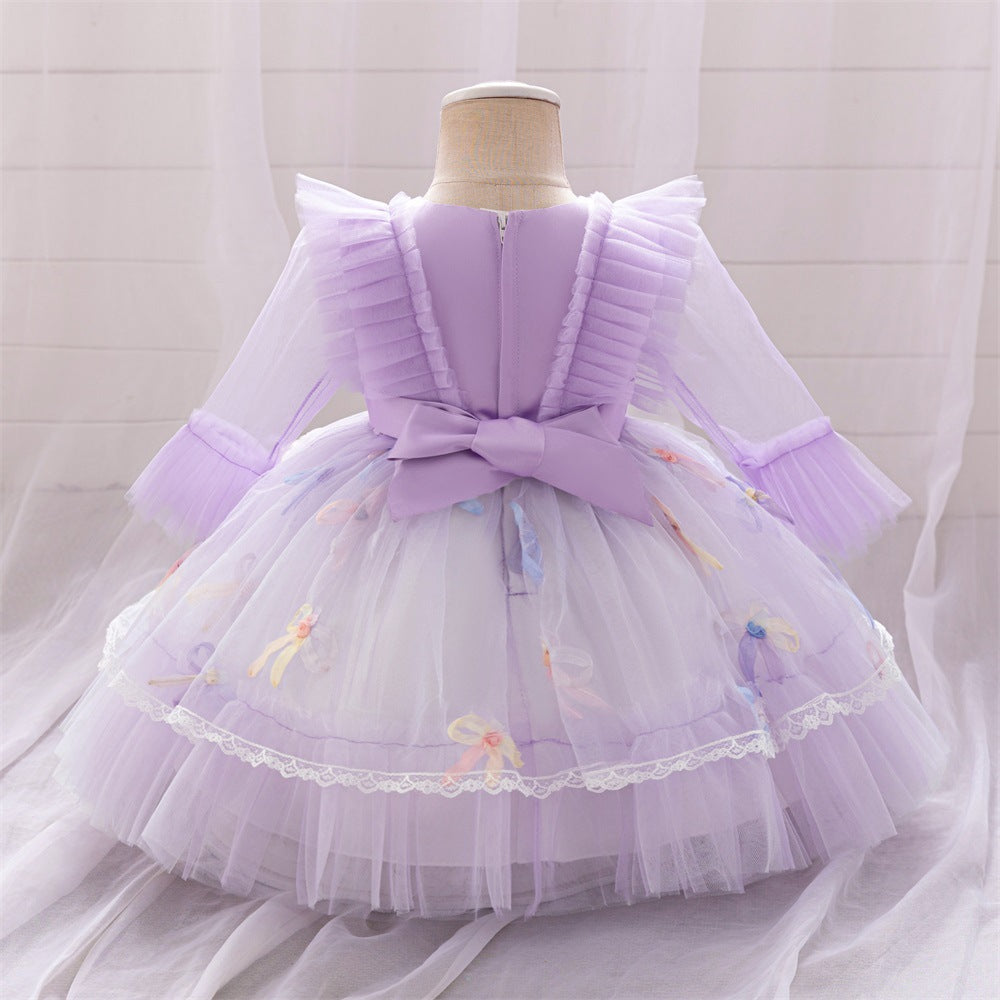 Cross-border new girls' princess dress long-sleeved bow pleated skirt one-year-old flower girl dress lace lace dress