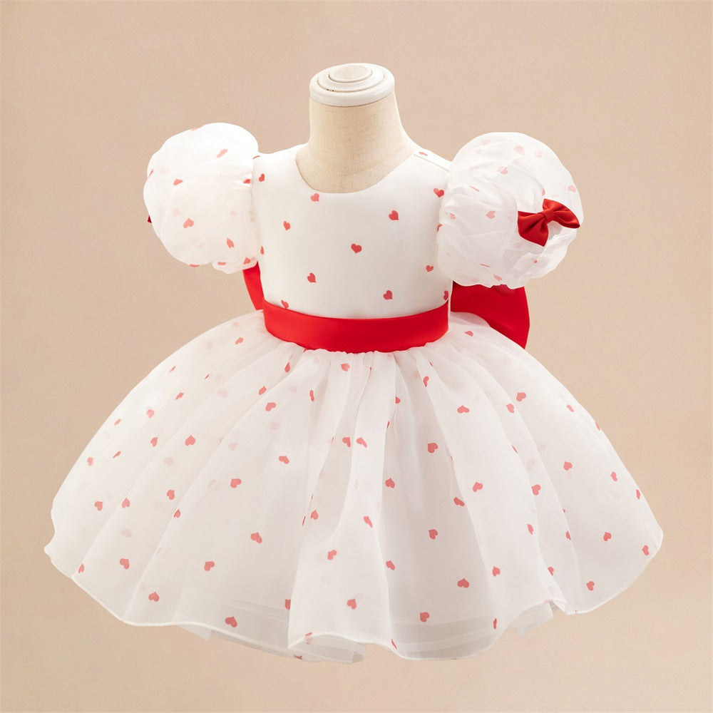 European and American new baby's first birthday washing dress chiffon bubble sleeve love polka dot princess dress wedding flower girl skirt