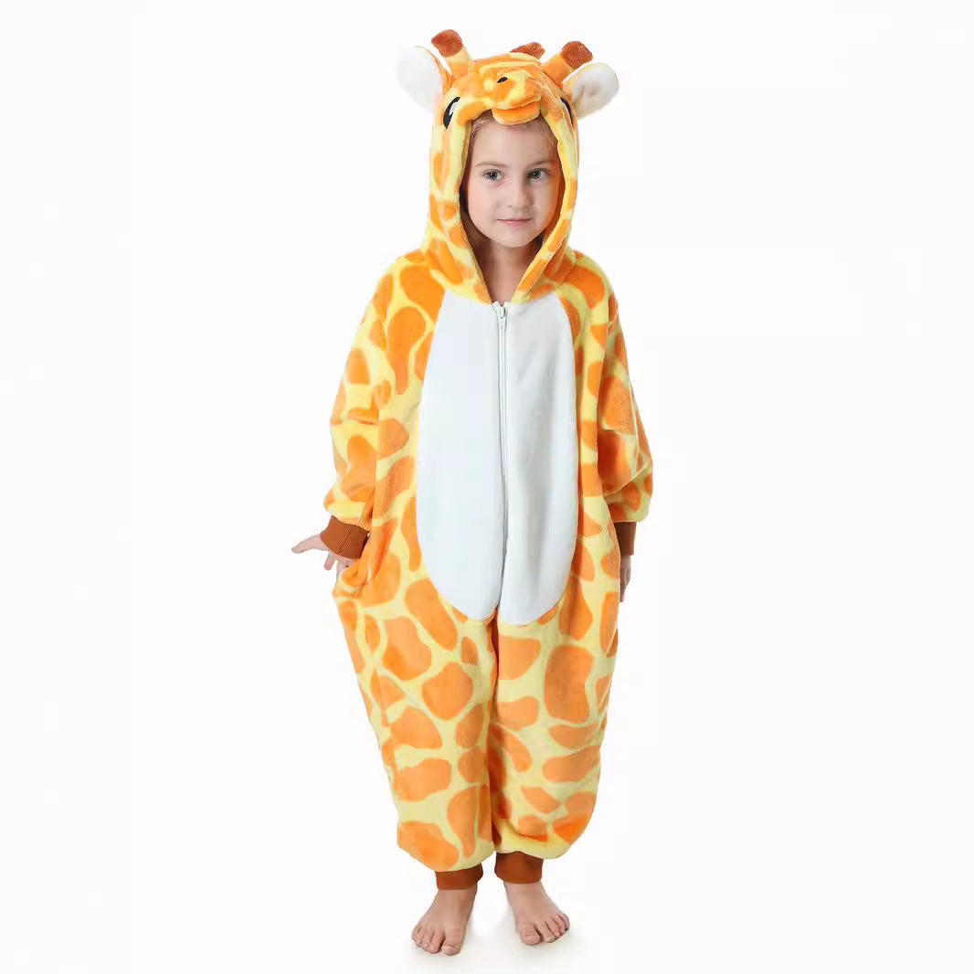 Autumn new children's cartoon styling clothes flannel single-layer cute giraffe spring and autumn styling onesie