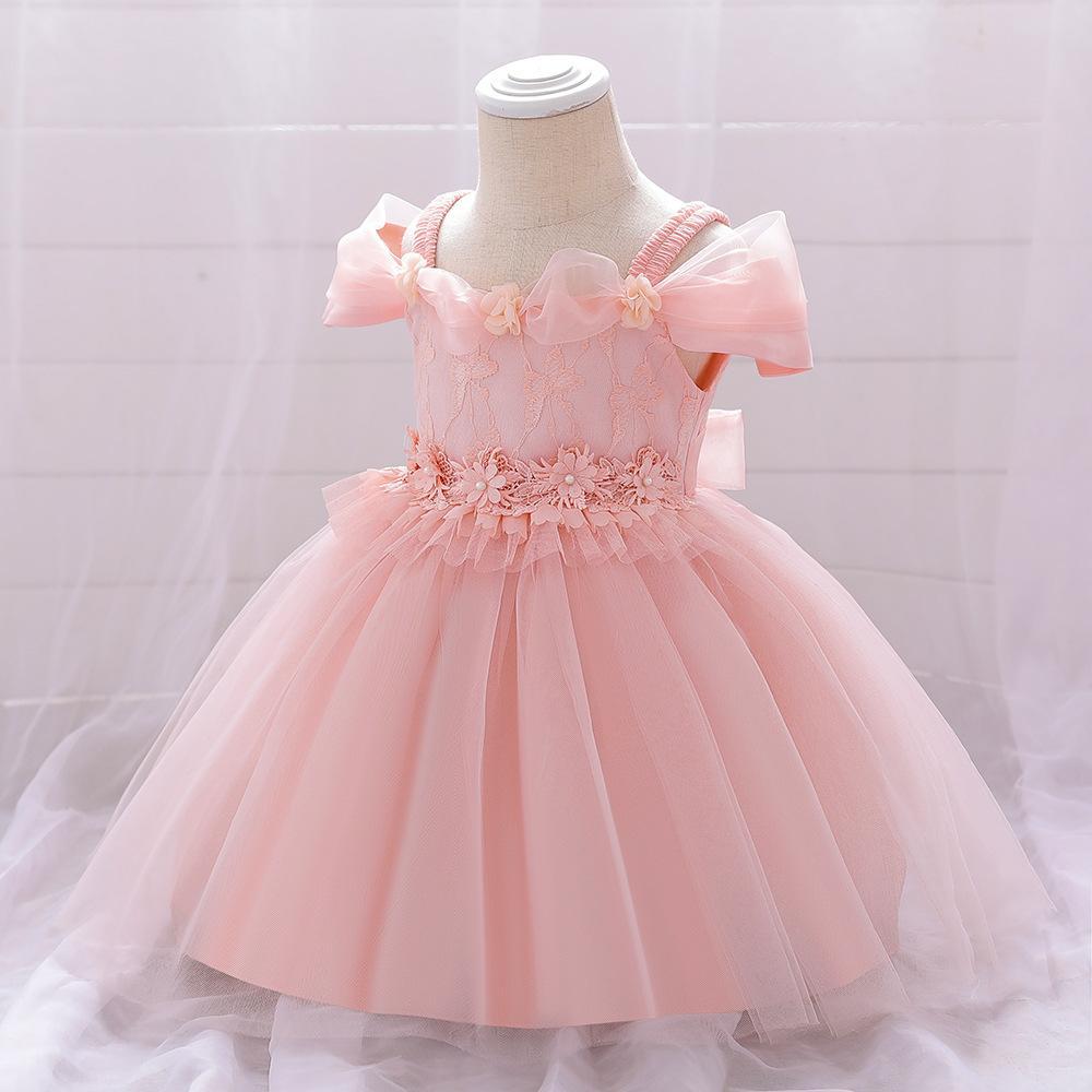 Amazon's new baby dress dress dress flower girl full moon wash dress girl one-word shoulder bubble sleeve princess dress