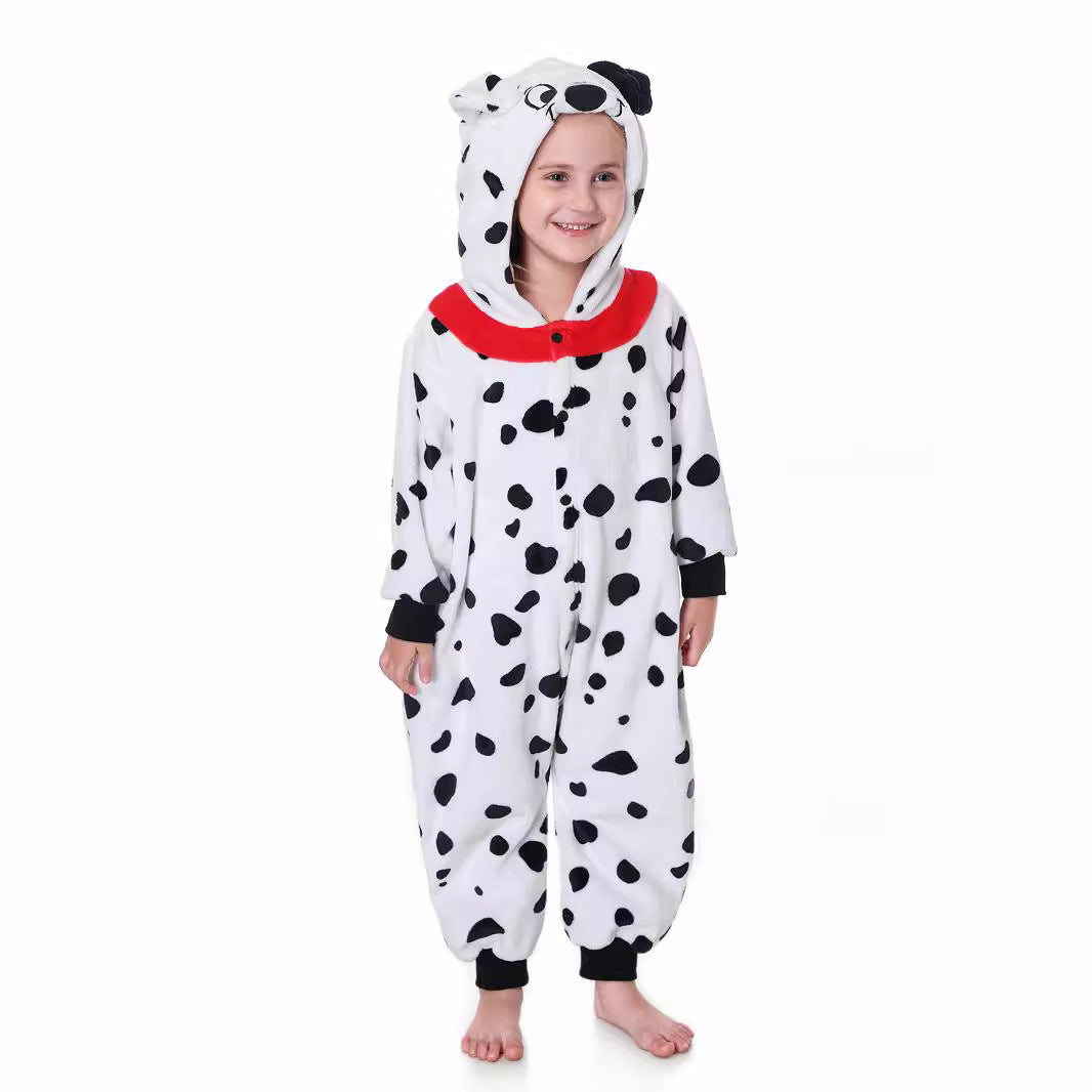 Autumn new children's cartoon styling clothes flannel single-layer spotted dog hooded onesie