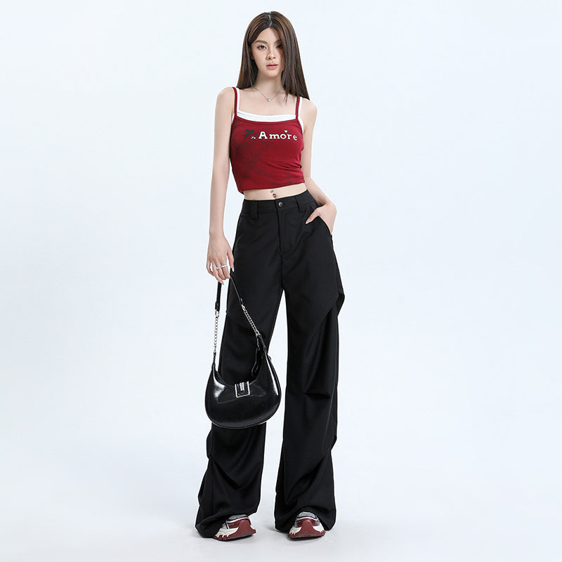 小众设计感高街黑色褶皱宽松休闲阔腿微喇拖地工装裤