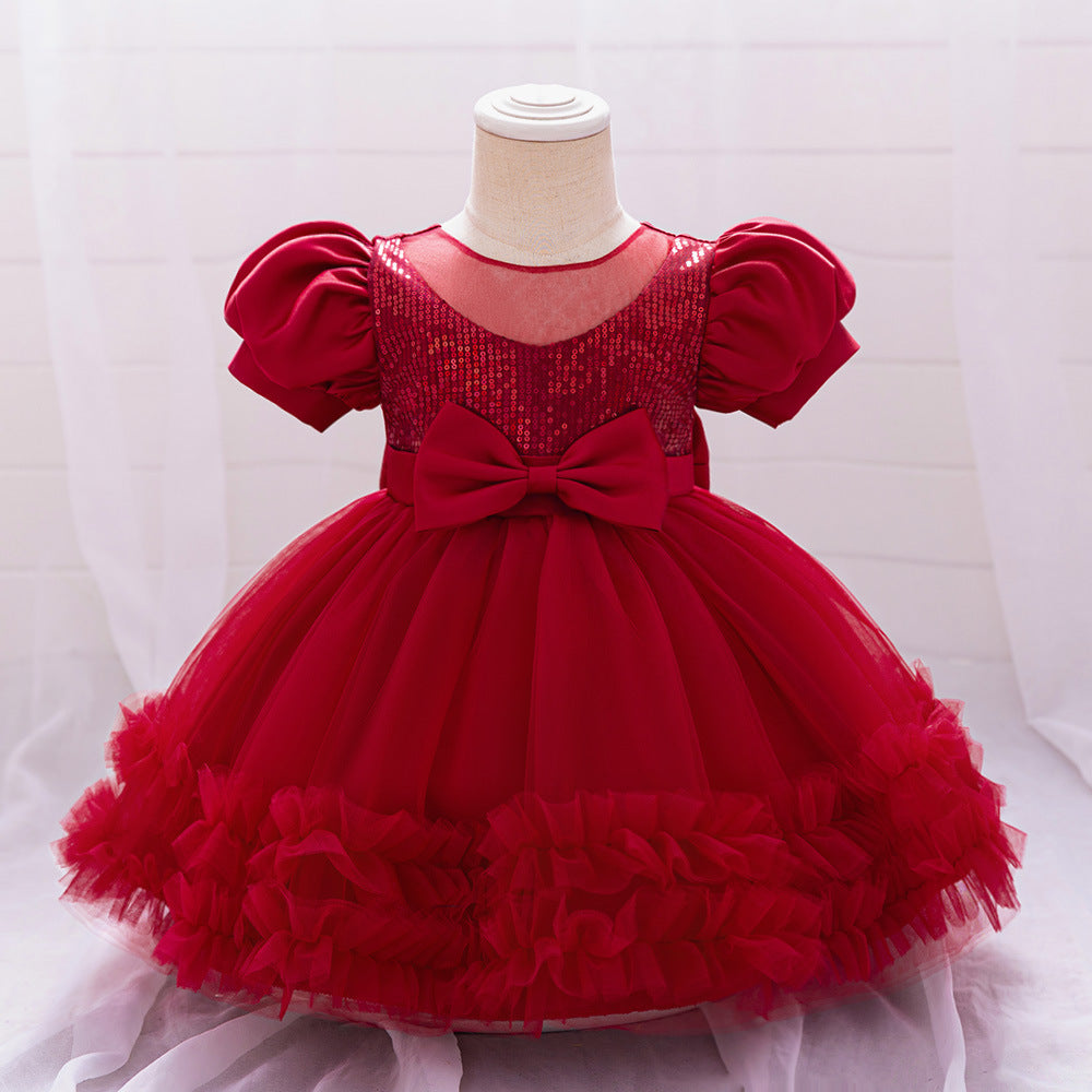 AliExpress Infant Dress Baby's First Birthday Banquet Dress Bubble Sleeve Bow Dress