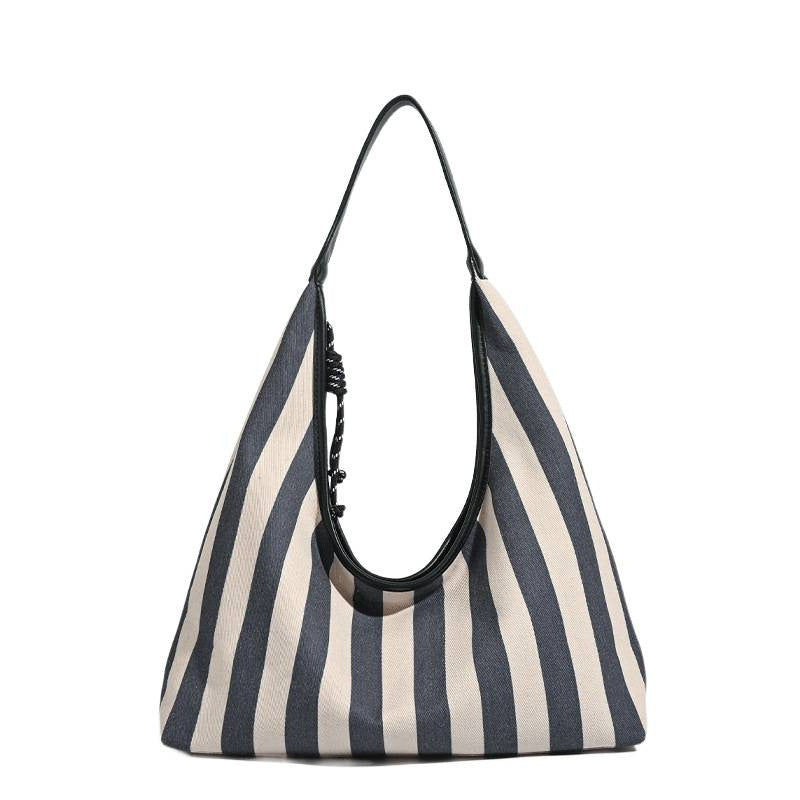 Niche Slack Canvas Striped Bag Stylish Vintage Underarm Bag Student Commuter Large Capacity Tote Bag Shoulder Bag