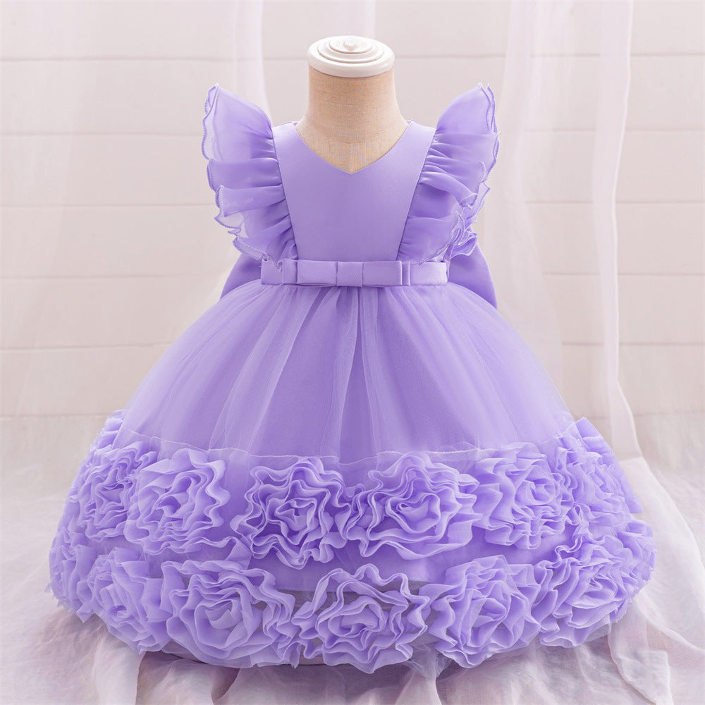 Cross-border infant princess dress, small flying sleeves, lace tutu dress, wedding flower girl dress, baby year-old wash dress