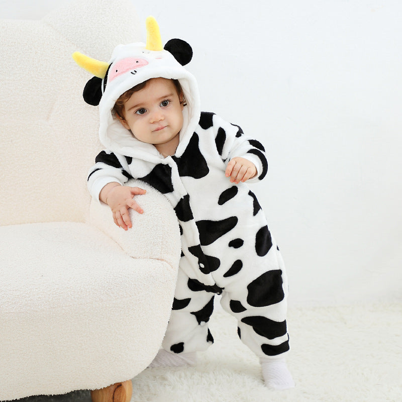 Qile Rabbit's autumn new product cute cow-shaped onesie 0-3 years old infant and toddler hooded single-layer Romper