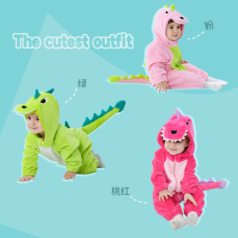 Qile Rabbit Children's Clothing Wholesale Spring New Flannel Thin Dinosaur Single Layer Romper Jumpsuit X6732
