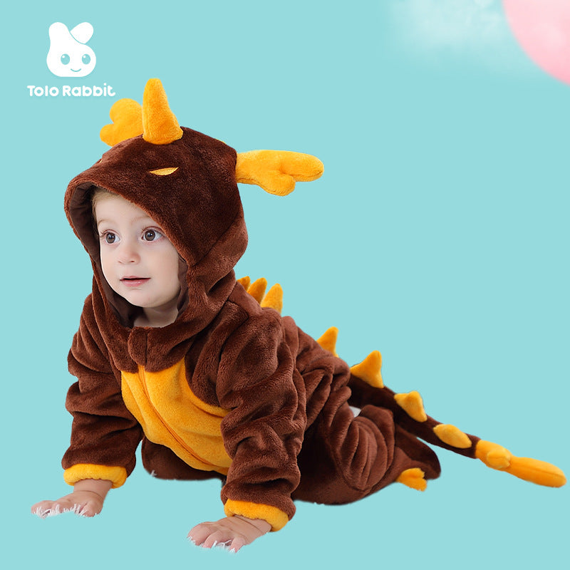 Qile Rabbit autumn new 0-3 year old baby flannel single-layer long-sleeved cartoon dragon shape hooded one-piece Romper
