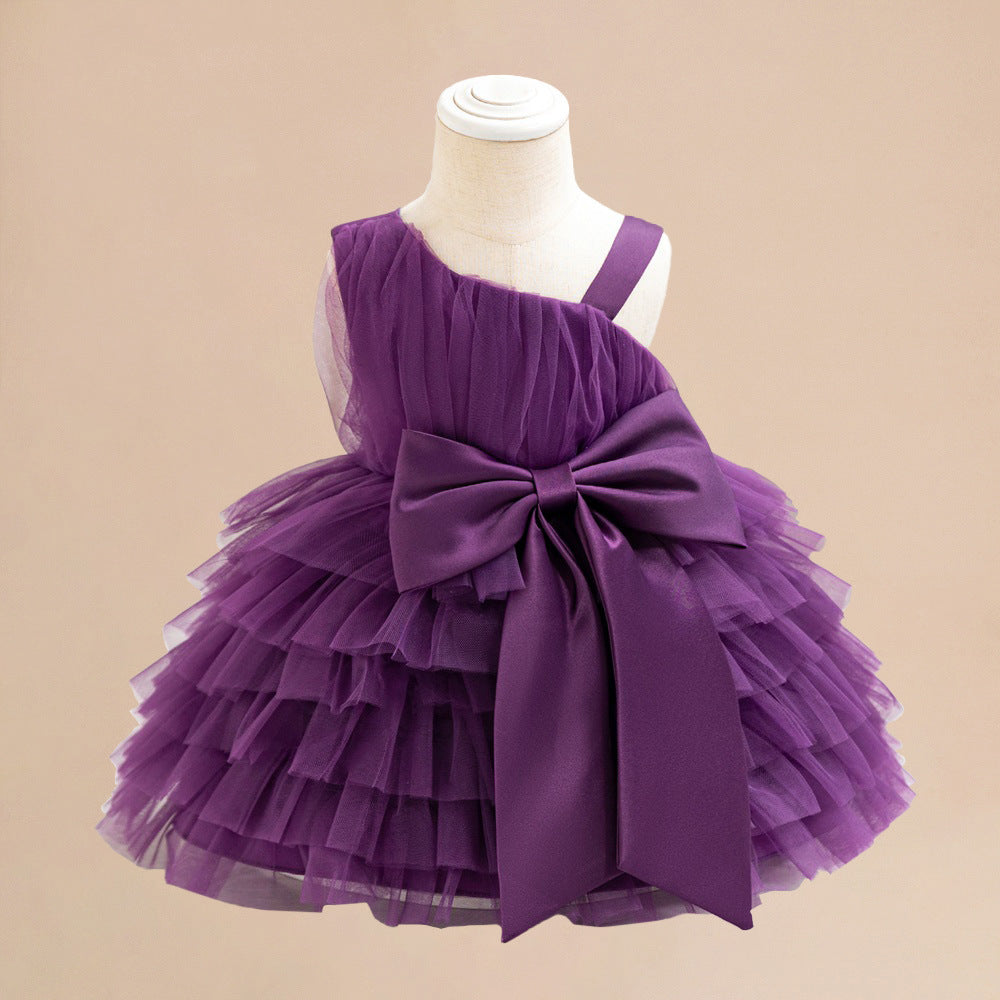 Baby's first year wash dress slanted shoulder suspender big bow baby dress pleated mesh cake fluffy princess dress