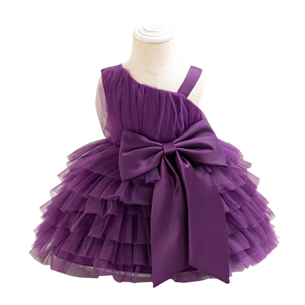 Baby's first year wash dress slanted shoulder suspender big bow baby dress pleated mesh cake fluffy princess dress