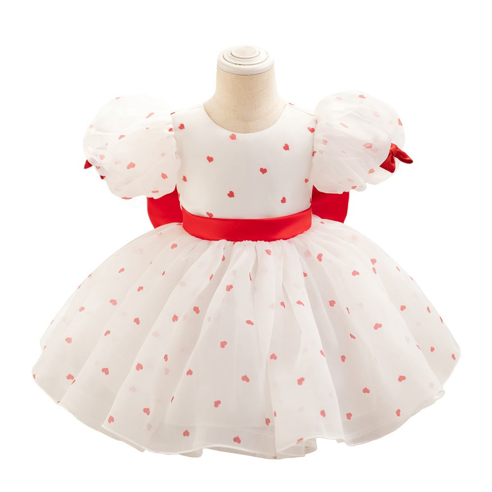 European and American new baby's first birthday washing dress chiffon bubble sleeve love polka dot princess dress wedding flower girl skirt