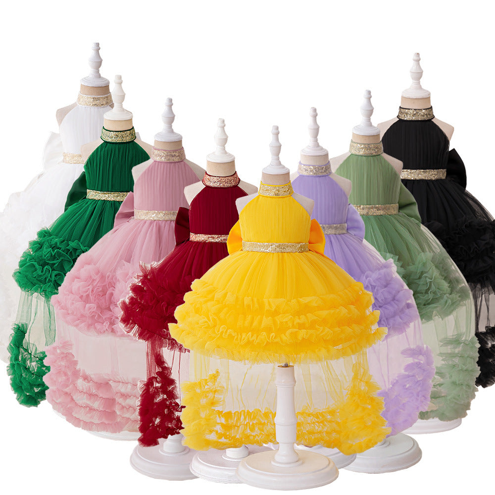 2025 Cross-border New Girls' Birthday Dress Girls' Performance Dress Neck Trailing Princess Dress Mesh Children's Dress