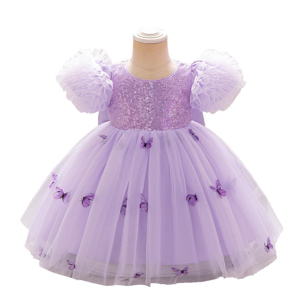 Cross-border infant dress princess dress one-year-old baby 100-day banquet dress butterfly bubble sleeve wedding dress
