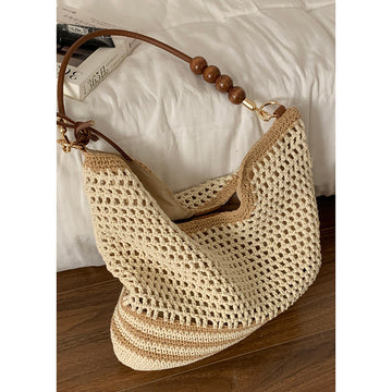 Mori hollow woven bag female, lazy wind ins Korean literary tote bag beaded large-capacity shoulder straw bag