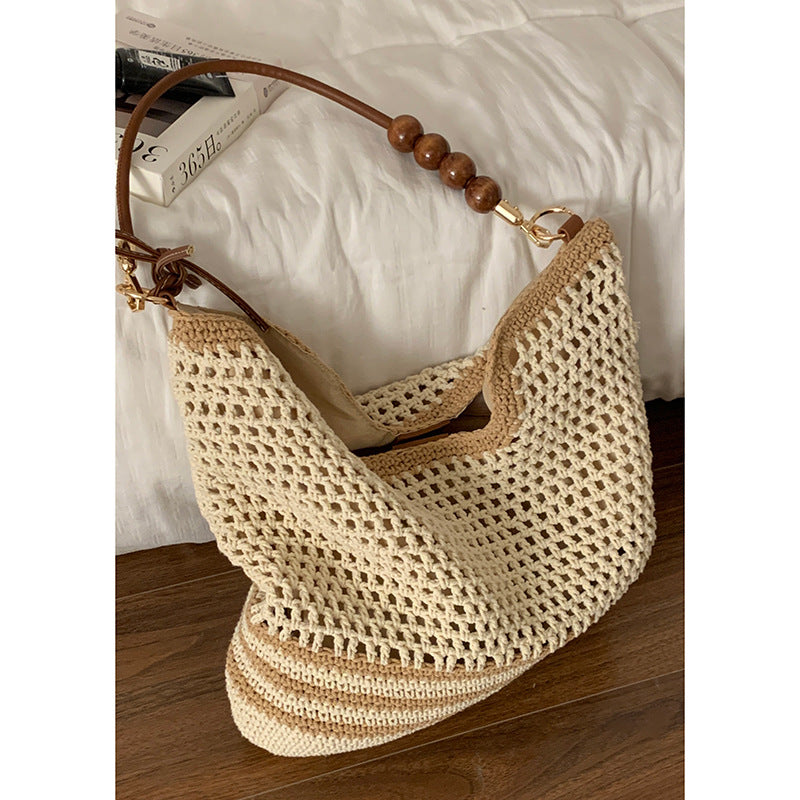 Mori hollow woven bag female, lazy wind ins Korean literary tote bag beaded large-capacity shoulder straw bag