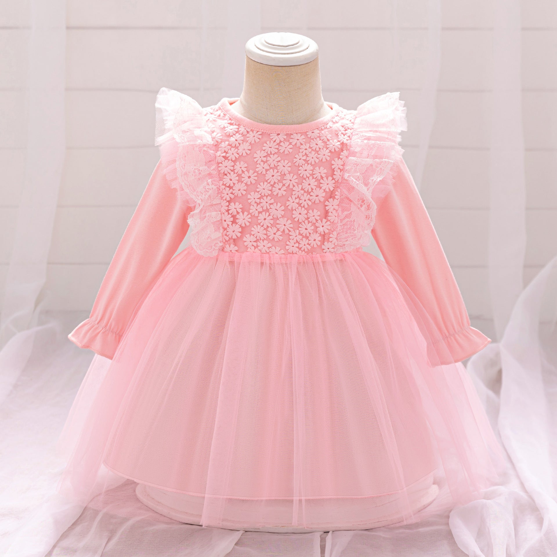 Wholesale New Infant Dress Long Sleeve Mesh Splicing Fluffy Princess Skirt Full Moon Banquet Pink Dress