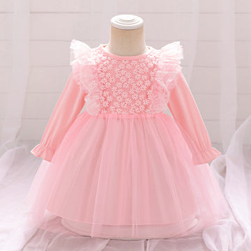 Wholesale New Infant Dress Long Sleeve Mesh Splicing Fluffy Princess Skirt Full Moon Banquet Pink Dress