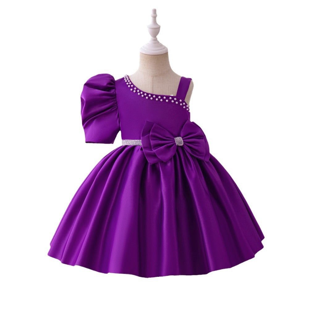 European, American and medium-sized children's dresses, beaded irregular shoulder-spilling princess dresses, satin cloth bows, tutu dresses, catwalk costumes
