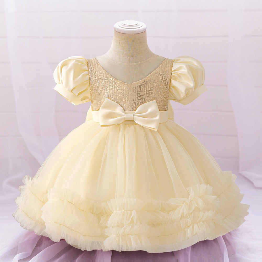 AliExpress Infant Dress Baby's First Birthday Banquet Dress Bubble Sleeve Bow Dress