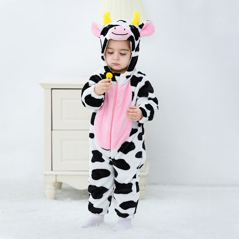 Qile Rabbit autumn new infant baby animal shape flannel single-layer cow shape one-piece Romper