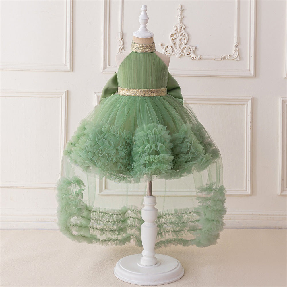 2025 Cross-border New Girls' Birthday Dress Girls' Performance Dress Neck Trailing Princess Dress Mesh Children's Dress