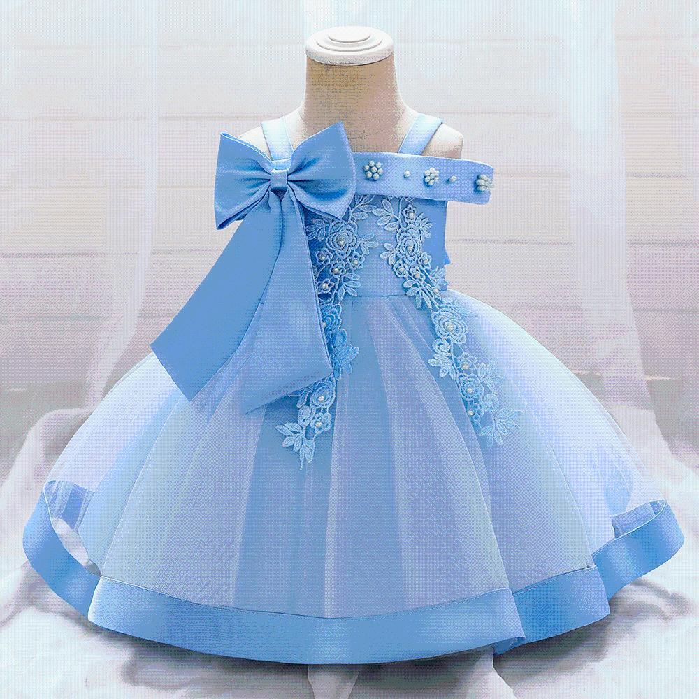 Foreign trade cross-border new children's wedding dress one-word shoulder pearl embroidery girls performance princess puffy skirt summer
