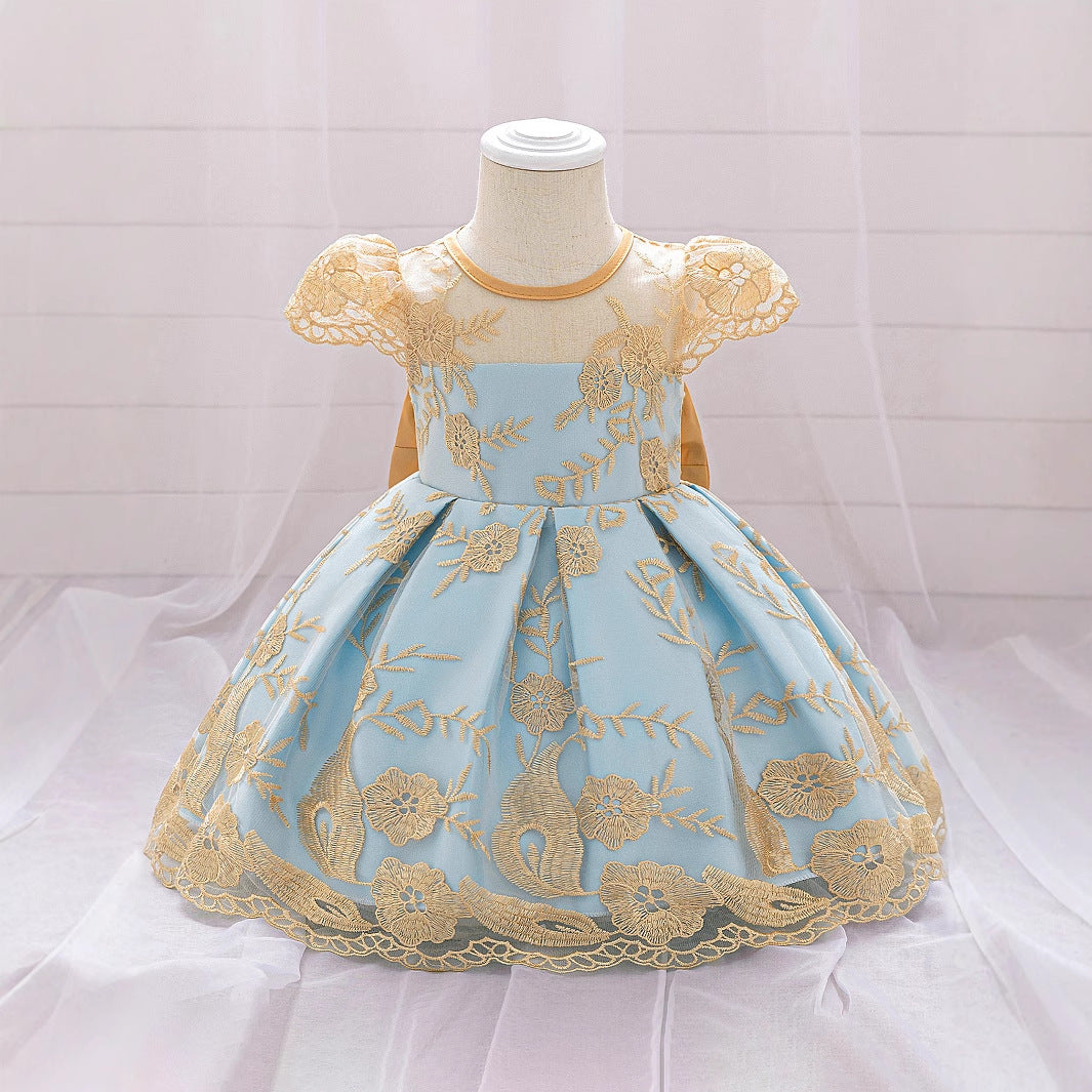 Amazon children's dress back bow gold silk embroidery middle and old children's host catwalk children's dress skirt