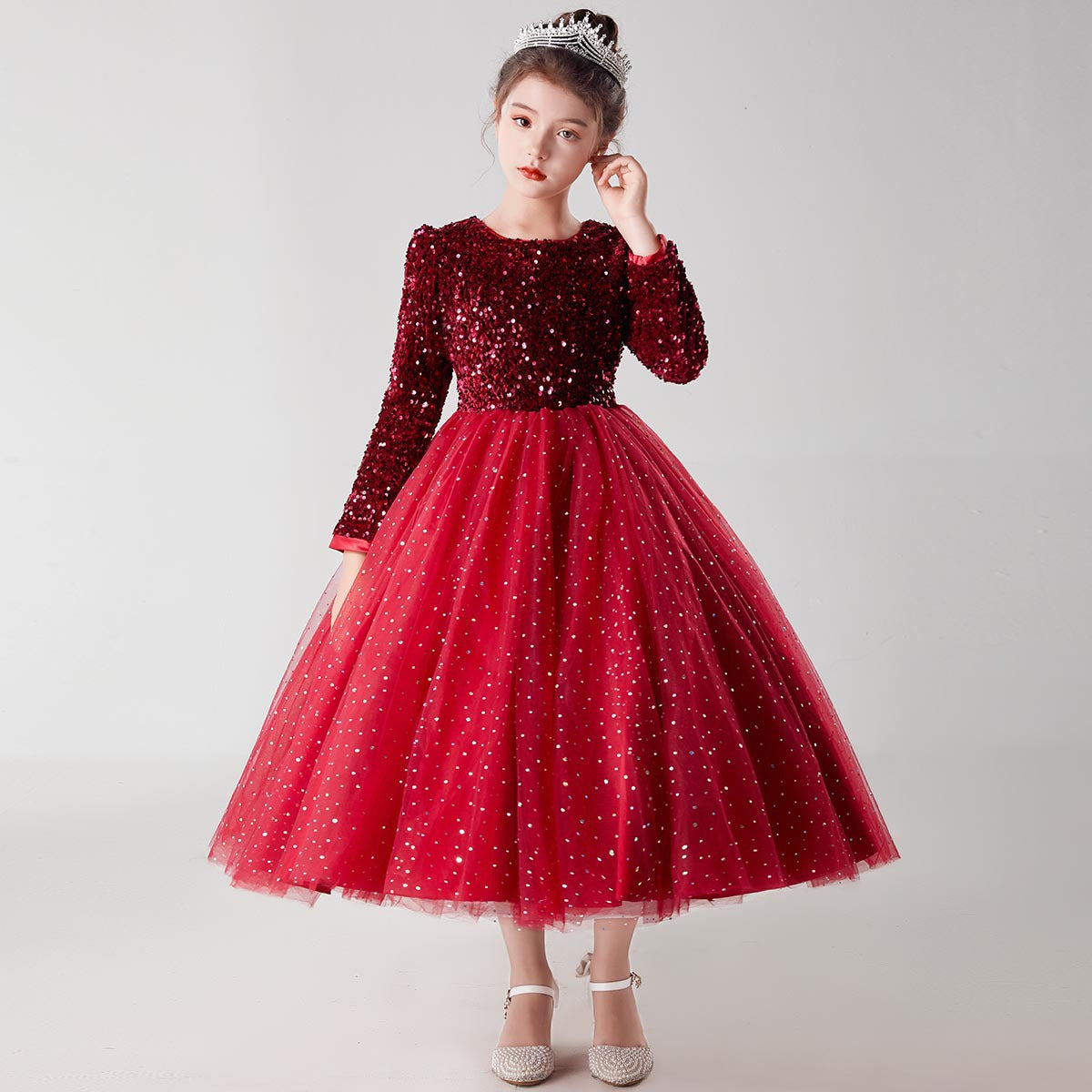 Long Sleeve Sequin Princess Long Dress