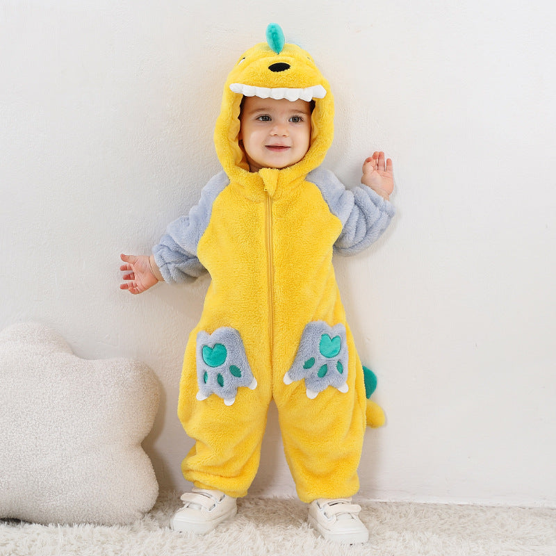 Qile Rabbit Spring and Autumn New Infant and Toddler Baby onesie Cute style contrasting color pocket dinosaur single-layer styling clothes