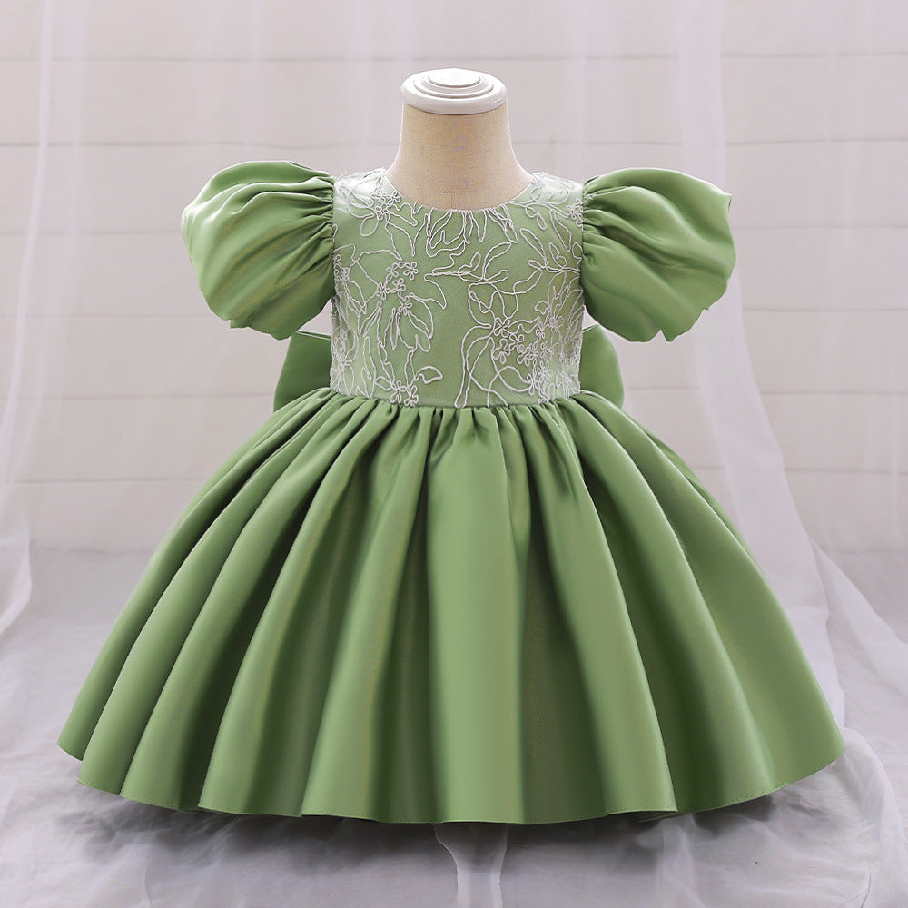 Foreign trade summer girls princess dress embroidered satin bubble sleeves baby dress back snap button bow flower girl