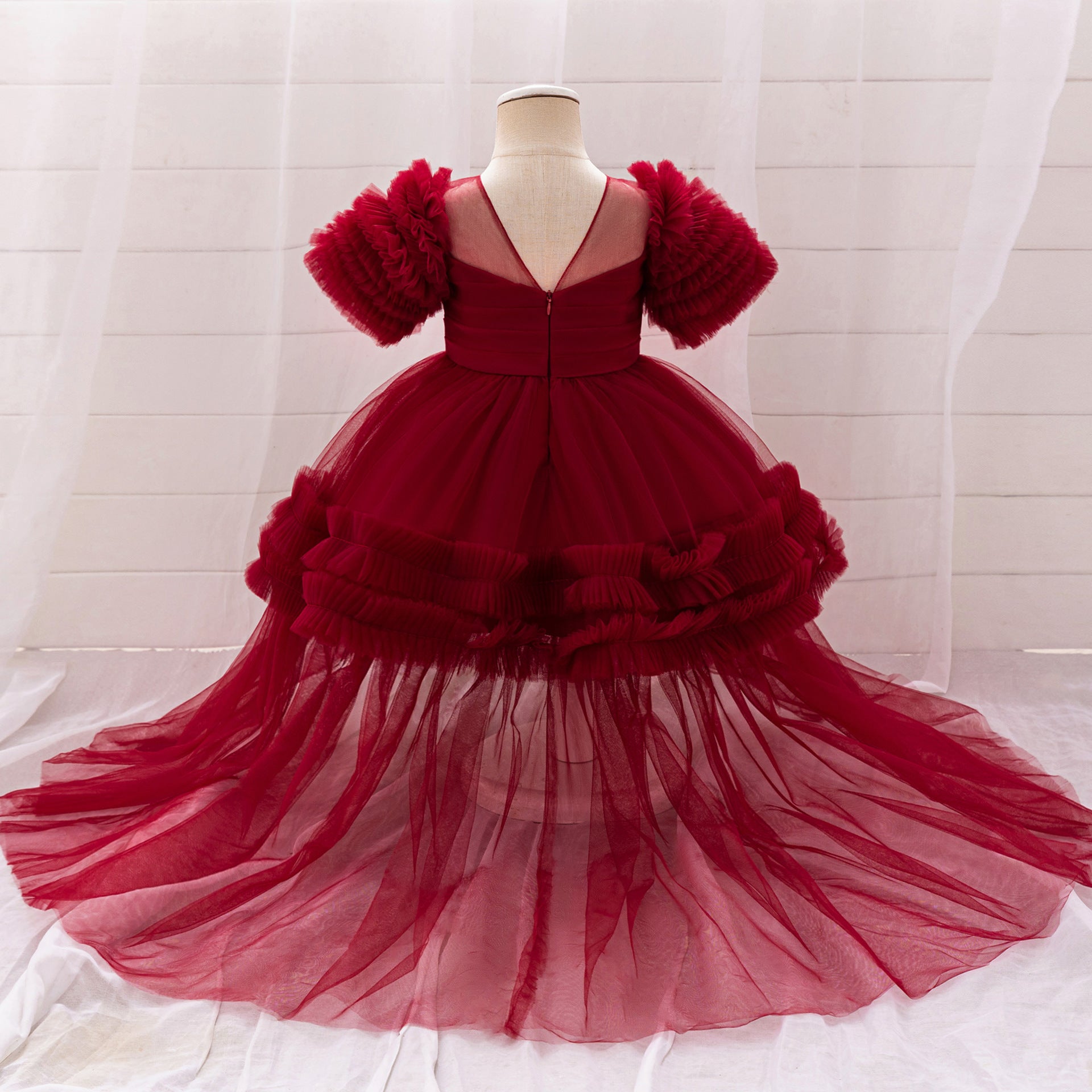 Cross-border girls trailing red cake dress children's party dress princess dress baby one-year-old wedding dress