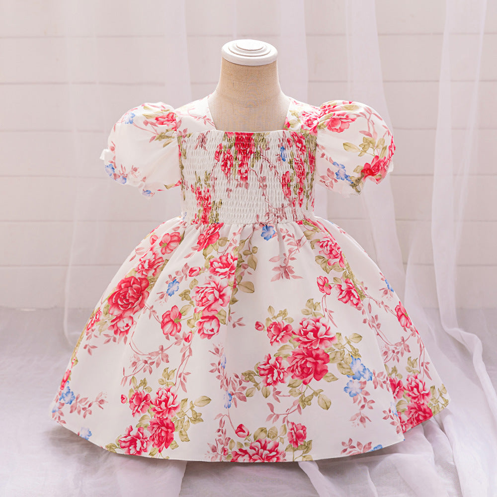 2024 European and American new girls' dress princess dress bubble sleeve floral printing dress baby year-old dress dress
