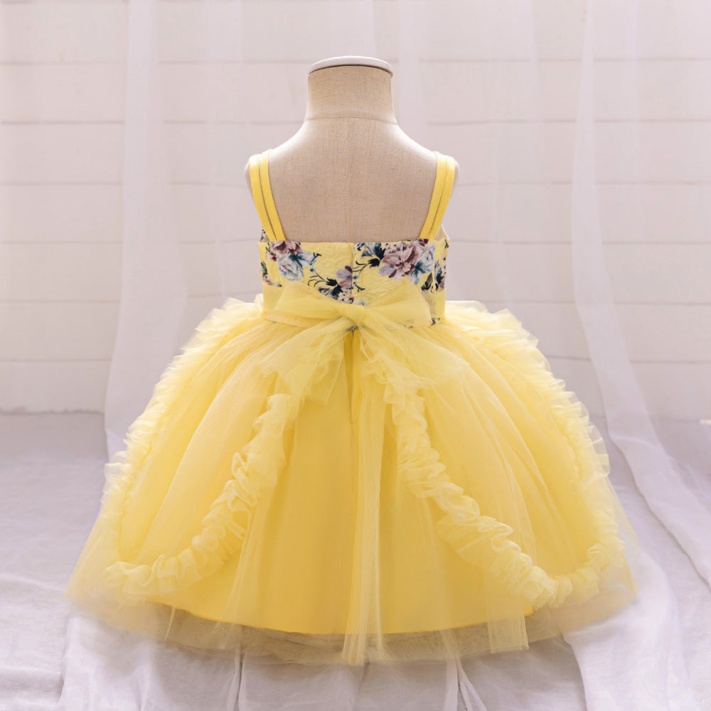 Baby's first birthday banquet dress printing suspender splicing mesh fluffy princess dress wedding flower girl dress dress dress