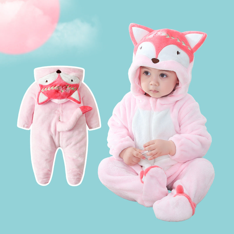 Qile Rabbit autumn new comfortable and casual cute flannel baby climbing clothes fox pattern going out clothes 0-3 years old