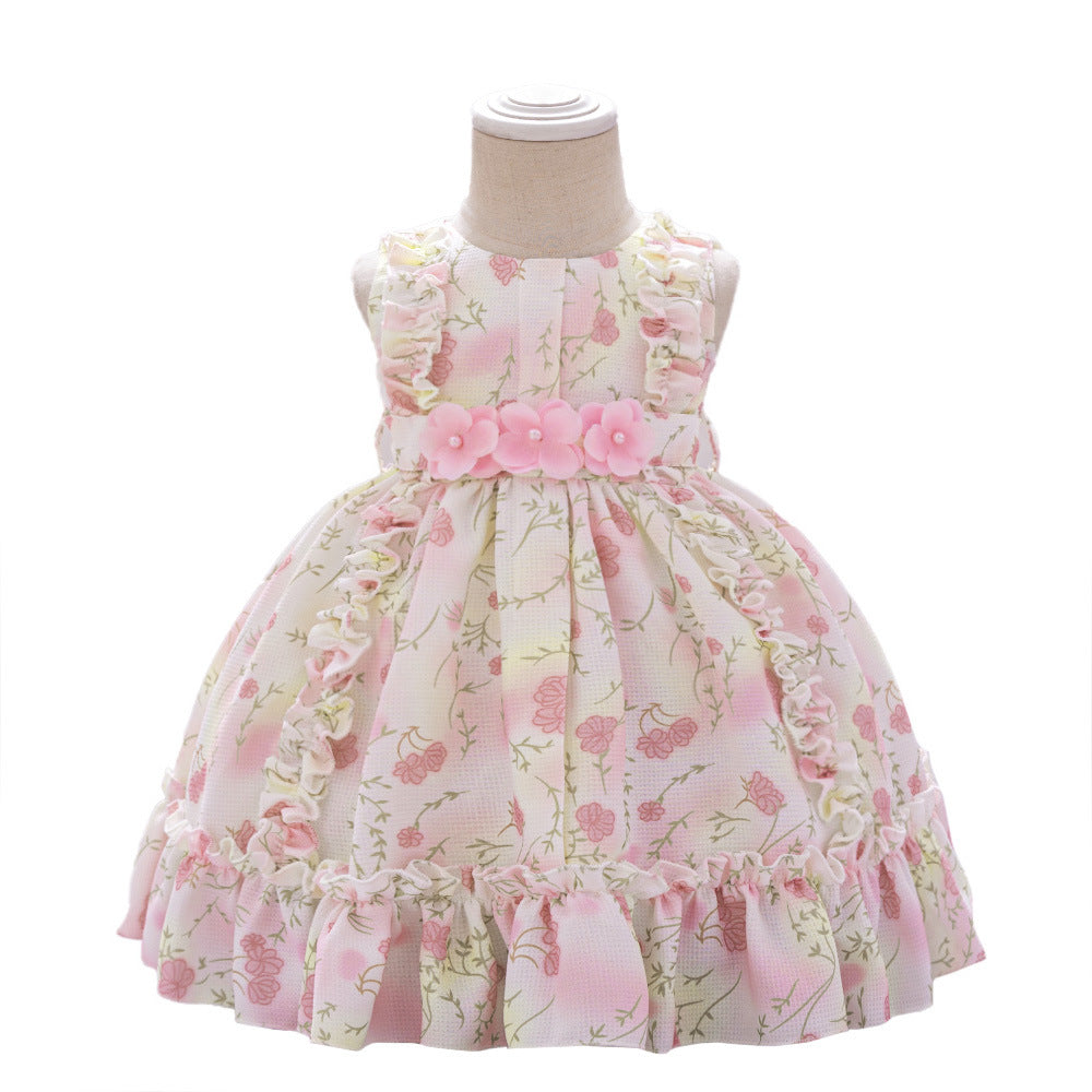 Amazon's new baby dress, baby's first birthday and full moon birthday wash dress, printed flower girl princess dress