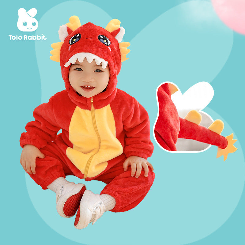 Qile Rabbit autumn new 0-3 year old baby single layer flannel Chinese dragon shape hooded one-piece Romper