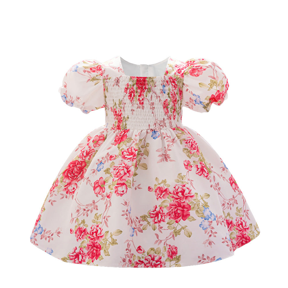 2024 European and American new girls' dress princess dress bubble sleeve floral printing dress baby year-old dress dress
