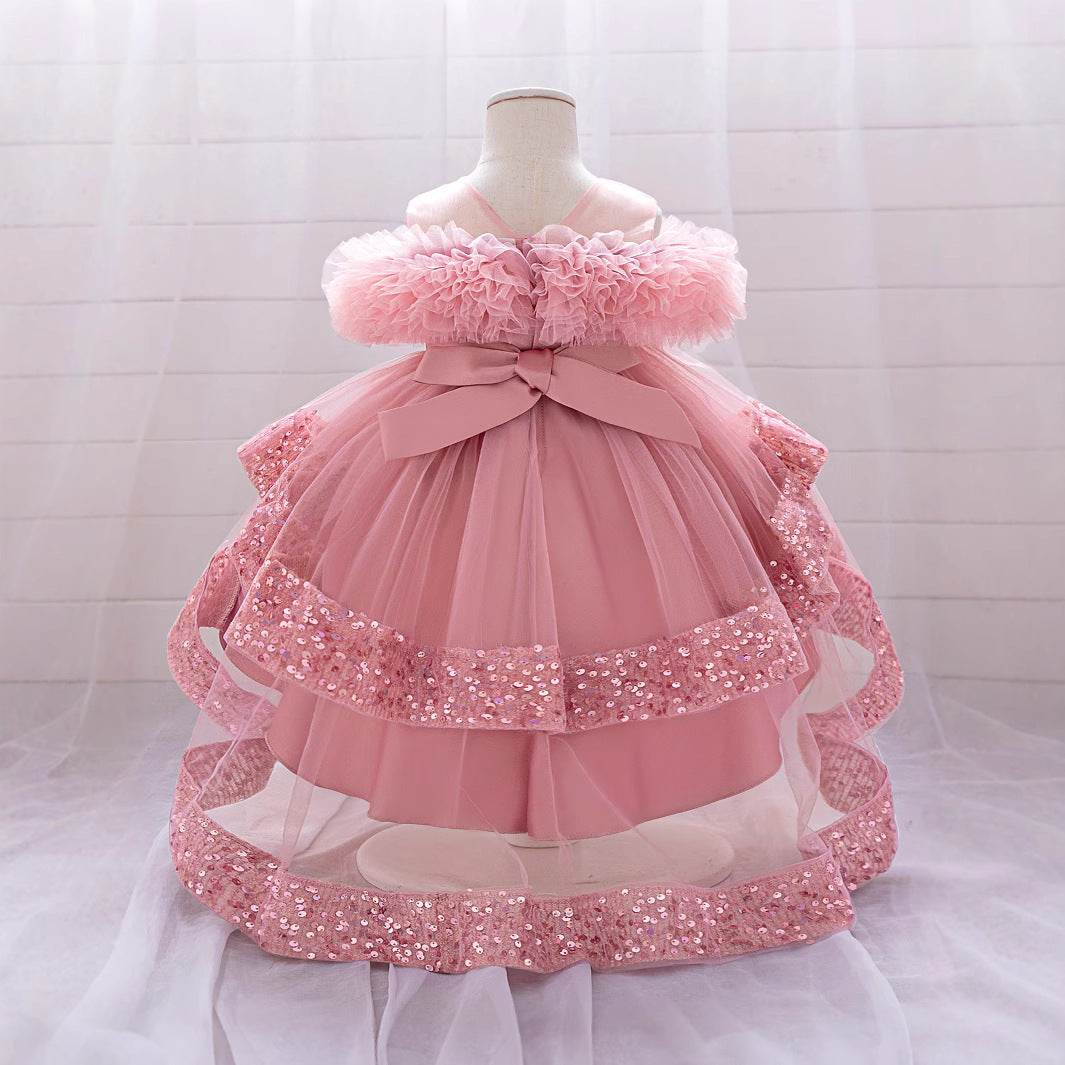 Amazon baby dress sequined fluffy bow princess dress baby year old banquet dovetail wash dress