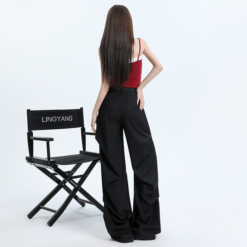 小众设计感高街黑色褶皱宽松休闲阔腿微喇拖地工装裤