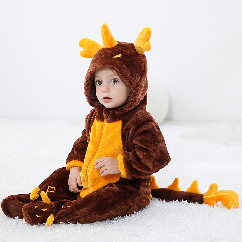 Qile Rabbit autumn new 0-3 year old baby flannel single-layer long-sleeved cartoon dragon shape hooded one-piece Romper