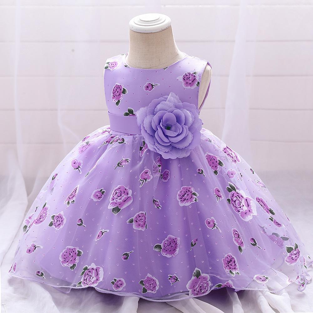 European and American new foreign style girls mesh printing flower girl tutu skirt baby year old dress children princess dress