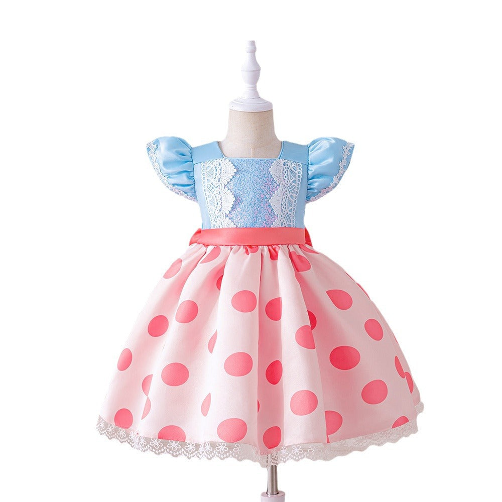 European and American new children's dresses, sweet small flying sleeves, lace splicing polka dots, fluffy children's birthday party princess dresses