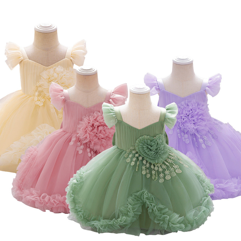 2025 new girls princess dress applique mesh children's dress year-old princess dress wedding flower girl dress