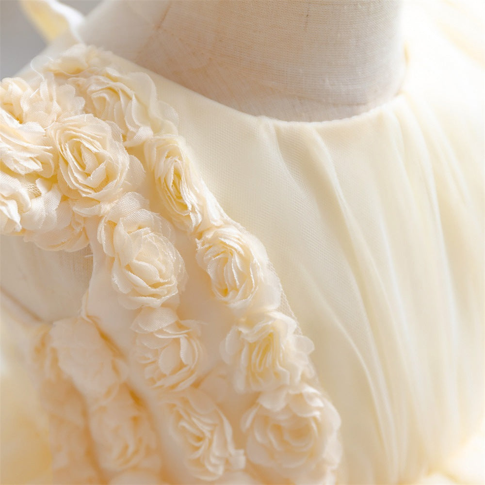 Amazon baby dress small fly sleeves champagne rose three-dimensional flower multi-layer cake fluffy princess dress