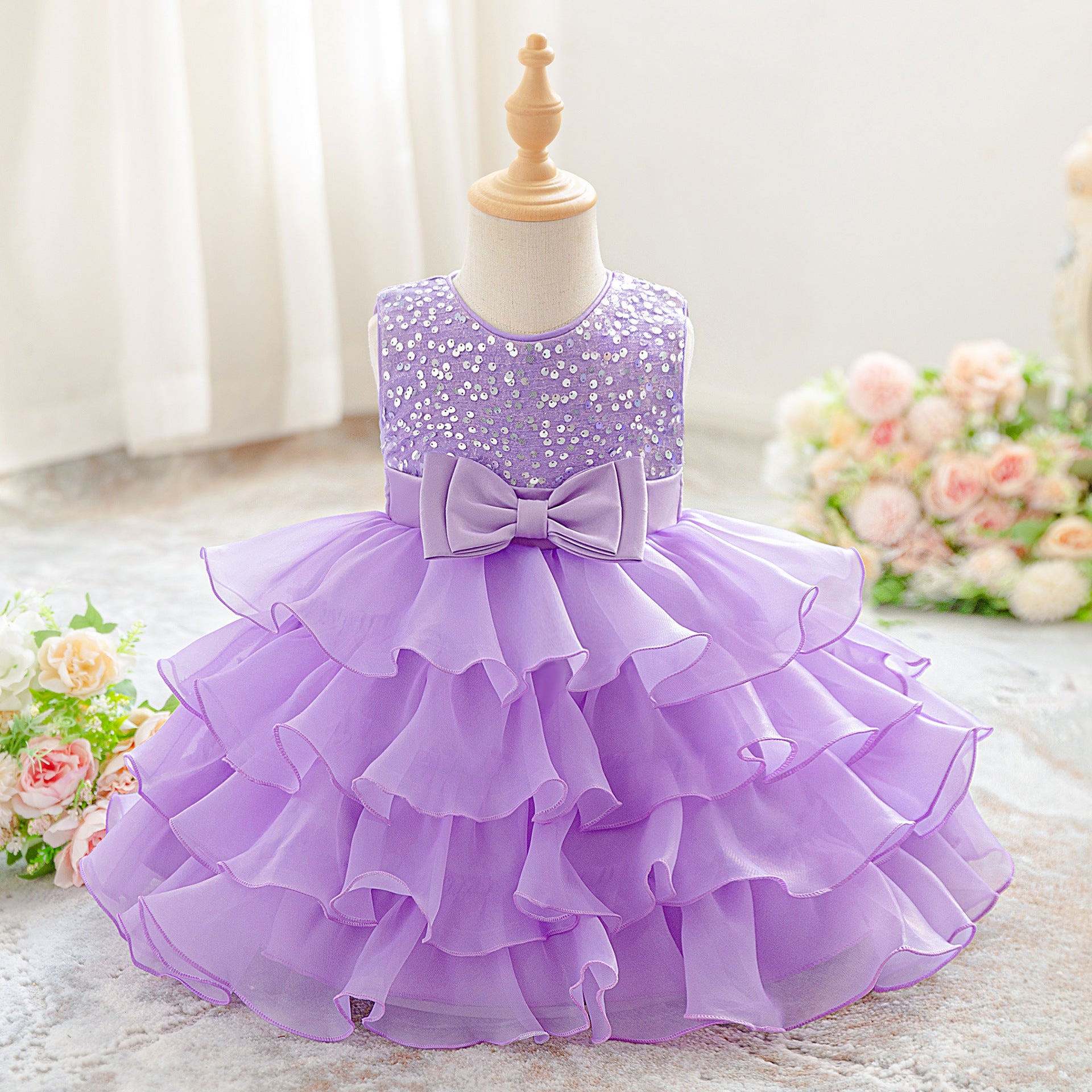 New girls dress dress sequined sleeveless princess dress fungus lace cake dress wedding flower girl dress dress