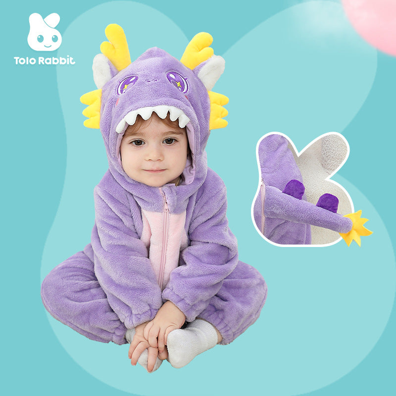 Qile Rabbit autumn new baby single-layer flannel cartoon dinosaur shape hooded one-piece Romper