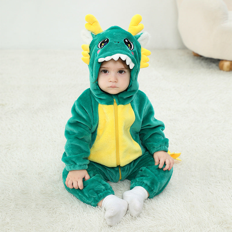 Qile Rabbit autumn new 0-3 year old baby single layer flannel Chinese dragon shape hooded one-piece Romper