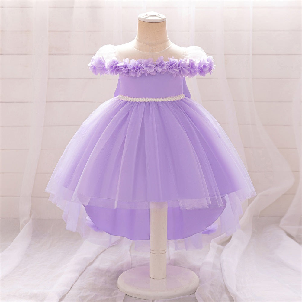 Amazon's new medium and small children's dress one-word shoulder three-dimensional flower bow trailing skirt wedding flower girl princess skirt